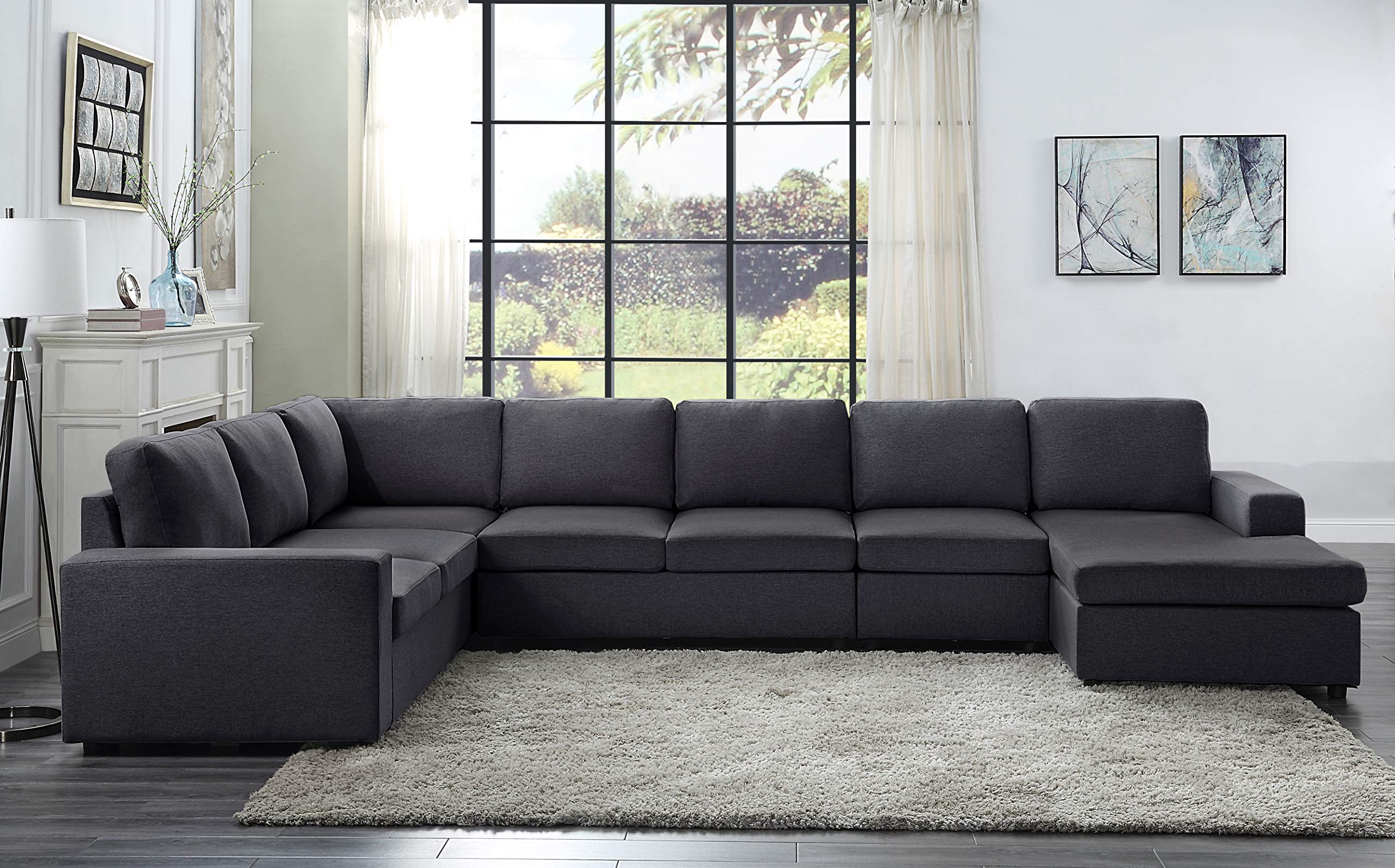 Lilola Home Tifton Modular Sectional Sofa with Reversible Chaise in Dark Gray Linen